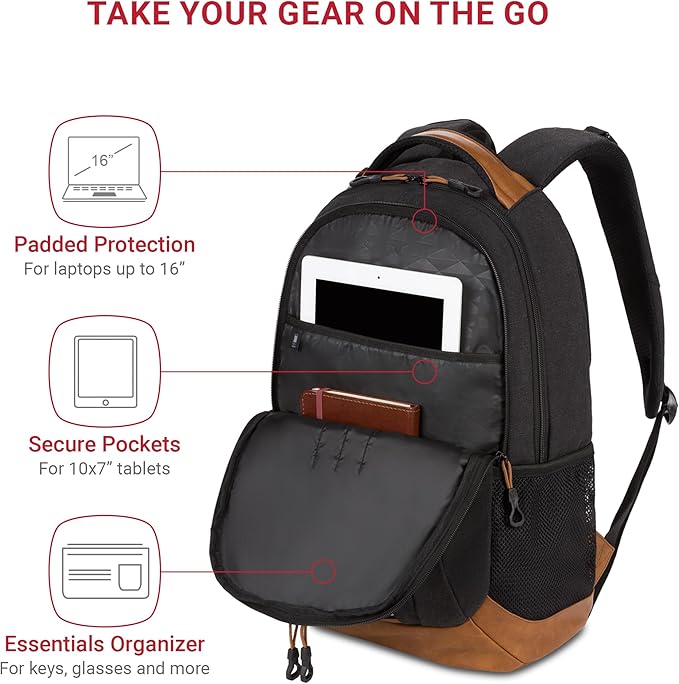 SwissGear 5505 Cecil 16” Laptop Backpack Black Canvas/Brown – Daily Laptop Bag with Gear Attachment Options – Multiple Organizer Pockets & Padded Shoulder Straps
