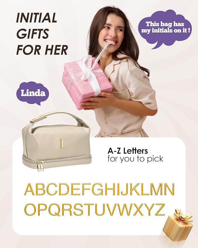 Gifts for Female, Personalized Makeup Bags with Handle, Waterproof Double Layer Cosmetic Bag, Large Capacity PU Leather Makeup Bags Letter Travel Toiletry Bag with Makeup Brush Organizer