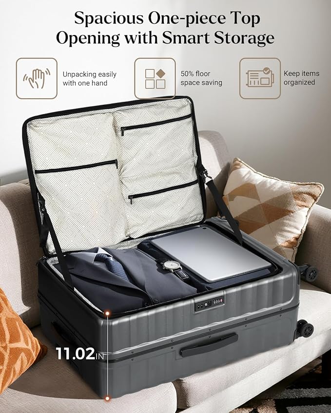 Checked Luggage, 28 Inch Luggage with Spinner Wheels, Large Suitcase with Lightweight PC Hard Shell, Aluminum Frame, Top Opening, YKK Zipper, TSA Lock (Black, 1PC)