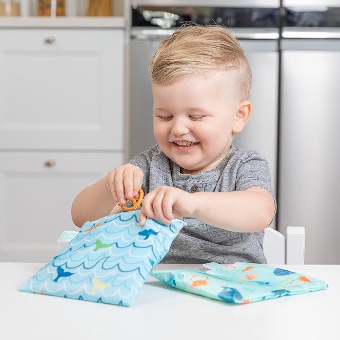 Bumkins Reusable Sandwich and Snack Bags, for Kids School Lunch and for Adults Portion, Washable Fabric, Waterproof Cloth Zip Bag, Travel Pouch, Food-Safe Storage, Large 2-pk Blue Ocean Life