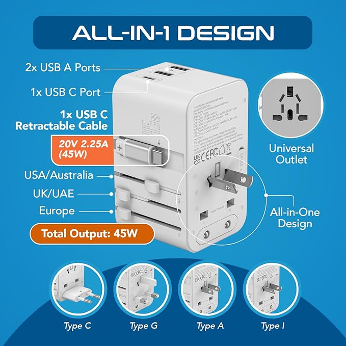 Ceptics 5 in 1 International Travel Adapter with PD 45W Retractable USB-C Cable 65cm, 2X USB-A 2.4A, 1x USB-C 3A, Travel Adapter Worldwide for Laptop, Phones and Cameras for US, EU, UK, UP-45WC-WH