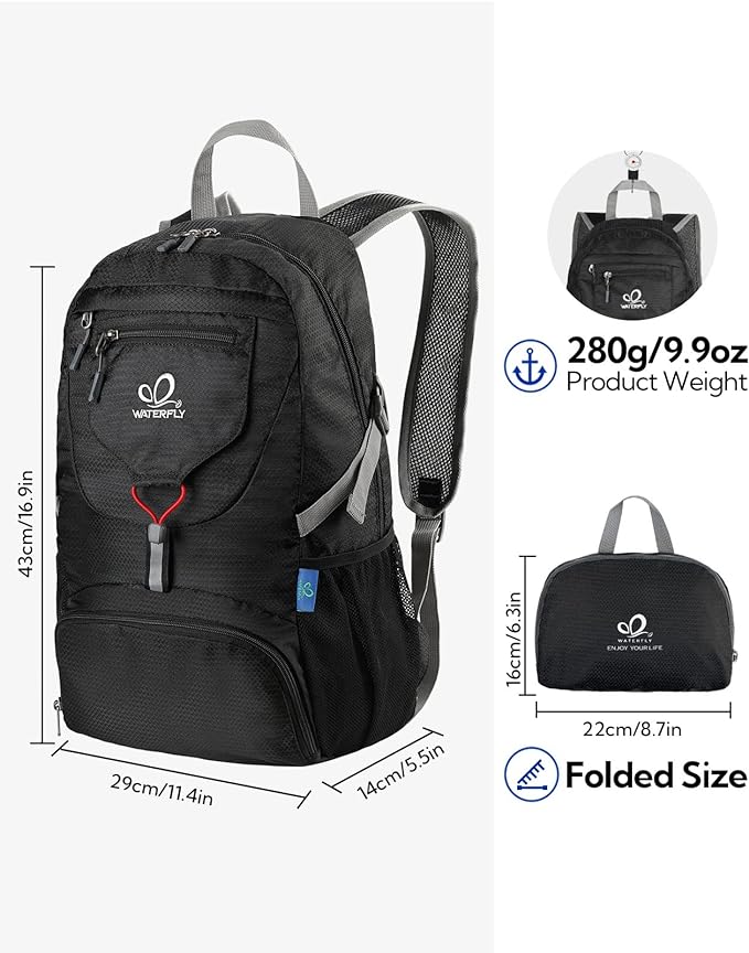 WATERFLY Small Lightweight Packable Backpack: 20l Ultra Light Foldable Travel Hiking Camping Daypack Day Pack for Man Woman