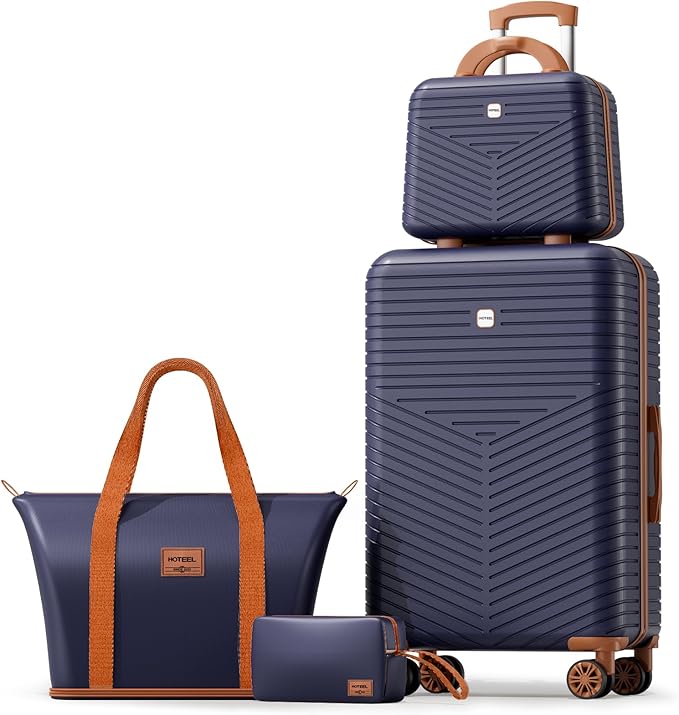 Hoteel 4 Piece Luggage Set (4-YEAR WARRANTY) with Spinner Wheels & TSA Lock, Carry on Luggage Hardshell ABS+PC, Travel Collection Suitcases Sets, Dark Blue(13/20",Travel Bag,Cosmetic Bag)