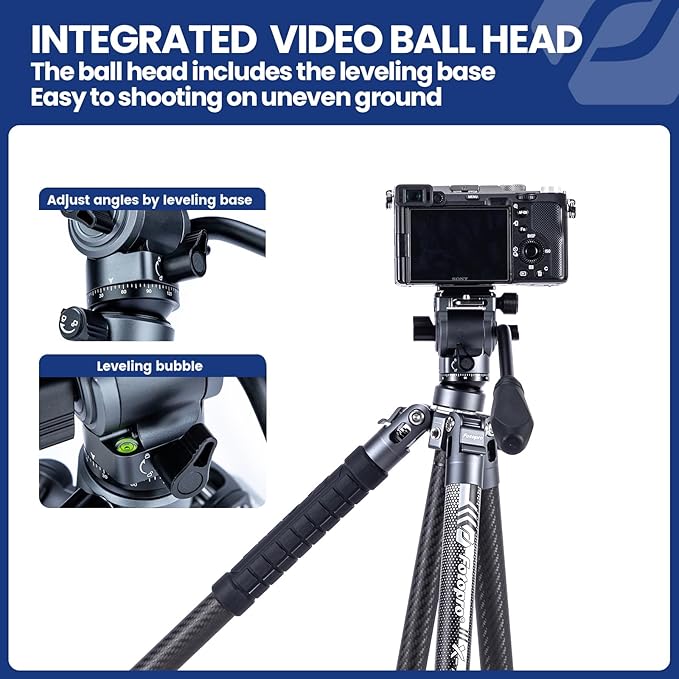 Fotopro Carbon Fiber Travel Tripod 2.2lbs Ultralight 64 Inch Portable Compact Travel Video Tripod for Camera DSLR Load up to 22lb X-Aircross 3 Lite Video Grey