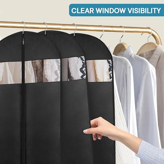 5 Pack - Moucas 50" Black Garment Bag, Mens Suit Bags for Closet Storage and Travel, Garment Bags for Hanging Clothes, Suit Cover Bags with Zipper for Coats, Dresses, Shirts