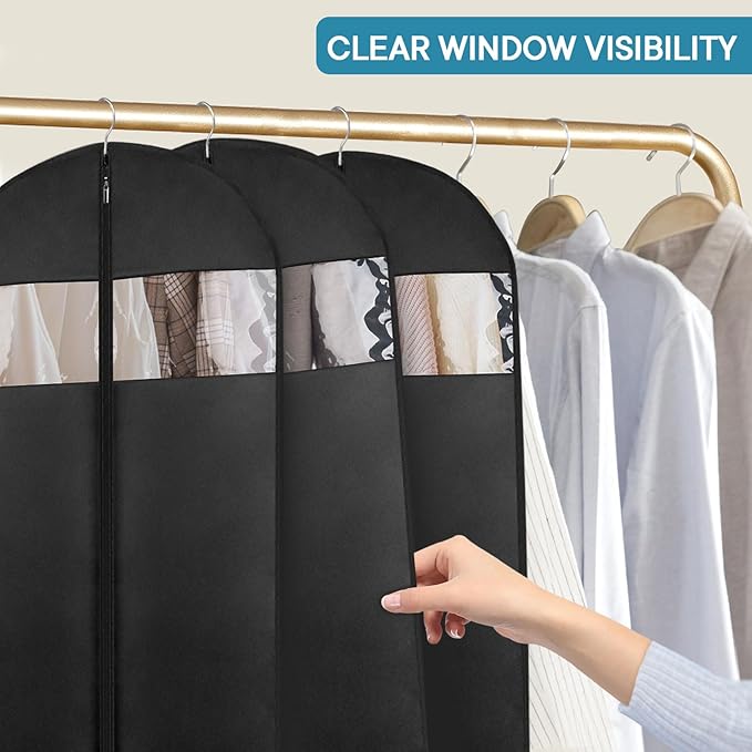 10 Pack - Moucas 43" Black Garment Bag, Mens Suit Bags for Closet Storage and Travel, Garment Bags for Hanging Clothes, Suit Cover Bags with Zipper for Coats, Jackets, Shirts