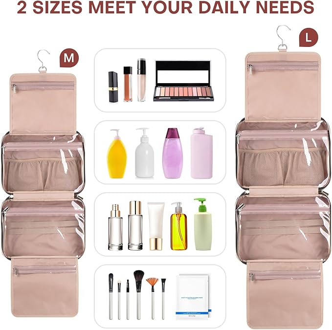 Hanging Toiletry Bag for Women Travel, 2 Sizes Large & Small Waterproof Cosmetic Organizer with 4 Compartments, Rotating Hook, Foldable Pink Travel Bag for Toiletries & Makeup Red Sandalwood
