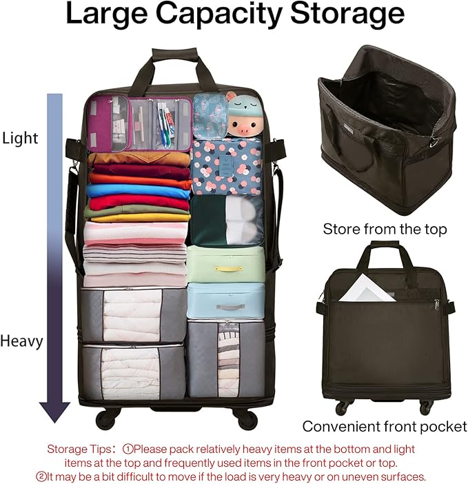 Hanke Suitcases with Wheels Expandable Foldable Luggage Bag Suitcase Collapsible Rolling Travel Bag Duffel Bag for Men Women Lightweight Suitcases without Telescoping Handle, Coffee