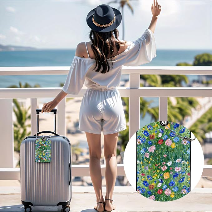 Luggage Tags for Suitcases, 2-Pack PU Leather for Cruise & Travel, Baggage ID Tags with Privacy Cover & Address Card, Durable Metal Ring, Kids Adults Travel Accessories, Impressionist Meadow
