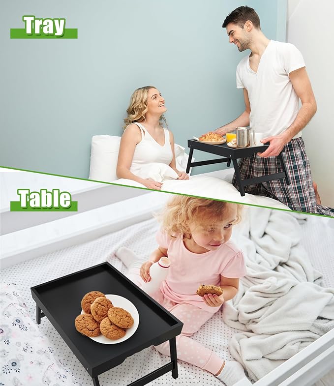 Bed Tray Table with Folding Legs, Bamboo Breakfast in Bed for Kitchen Serving Tray, Sofa, Eating, Used As Laptop Desk Snack Tray (4 Pack, Black Color)