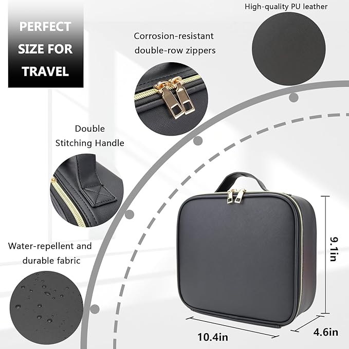 Travel Makeup Bag for Makeup Artists Large Makeup Case,with Mirror 3 Color Setting and Jewelry box Travel Makeup Bag,Portable Storage and Adjustable Dividers（black）