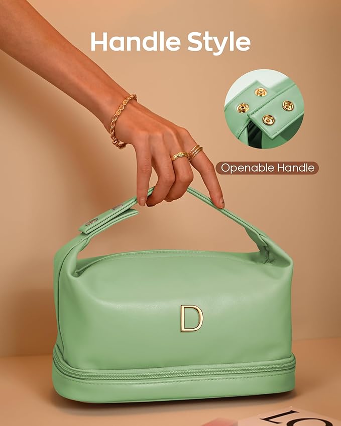 Trendy Gifts for Women, Personalized Makeup Bag with Handle, Initial Double Layer Cosmetic Bag with Makeup Brush Organizer, Cute Cosmetic Pouch for Women, Gifts for 20 Year Old Female
