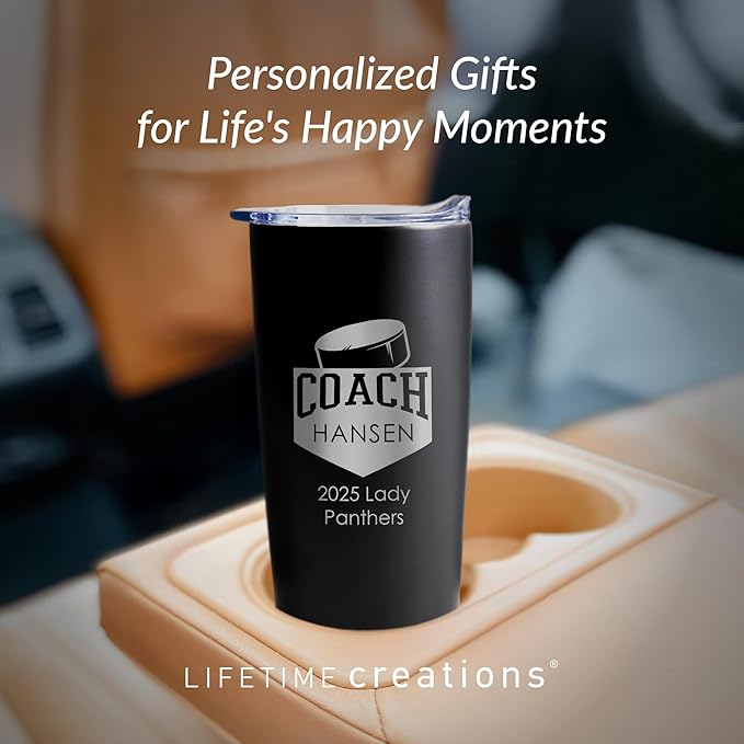 Lifetime Creations Personalized Hockey Coach Tumbler: Custom Hockey Coach Gift, Coaches Coffee Travel Mug from Team, Insulated Engraved Stainless Steel 20 Ounce Cup (Matte Black)