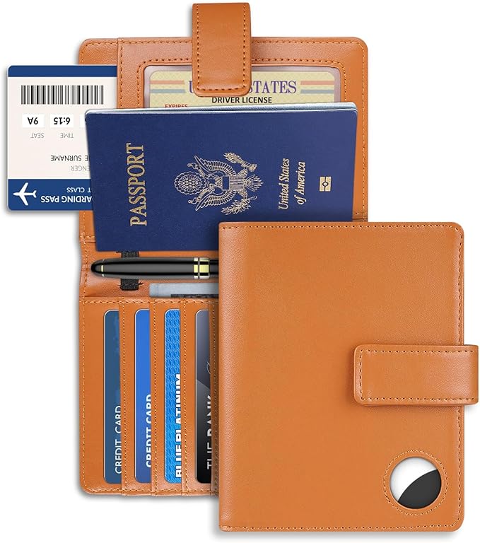 Passport Holder Wallet Cover Case for Women and Men,RFID Blocking,Passport Case with AirTag Holder,Travel Accessories (Brown)