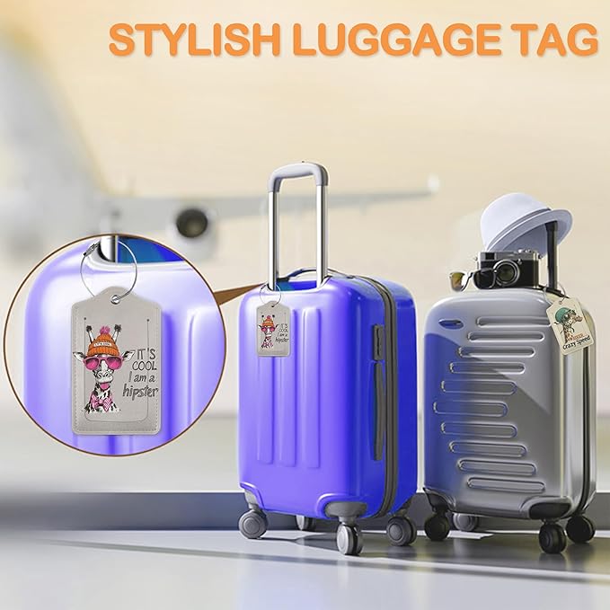 Funny Hipster Giraffe 3 Pack PU Leahter Luggage Tag with Stainless Steel Loop, Cool Cartoon Giraffe Travel Suitcase Labels with Privacy Cover ID Label Quickly Spot for Bags