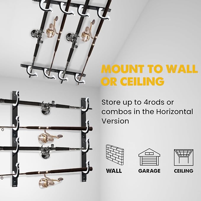 QudraKast Horizontal Fishing Rod Holder for Garage Wall Ceiling Mount - Fishing Pole Holders Fishing Rod Rack Holds Up to 4 Rods or Combos, Ideal Fishing Gift (2pack)