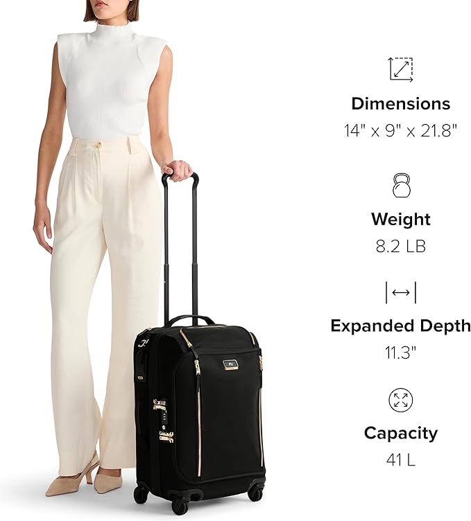 TUMI - Voyageur Leger 4 Wheeled Luggage - Women's Lightweight and Spacious, Sleek Silhouette, Durable Premium Suitcase - 16" Compact Carry-On, Black with Gunmetal Hardware