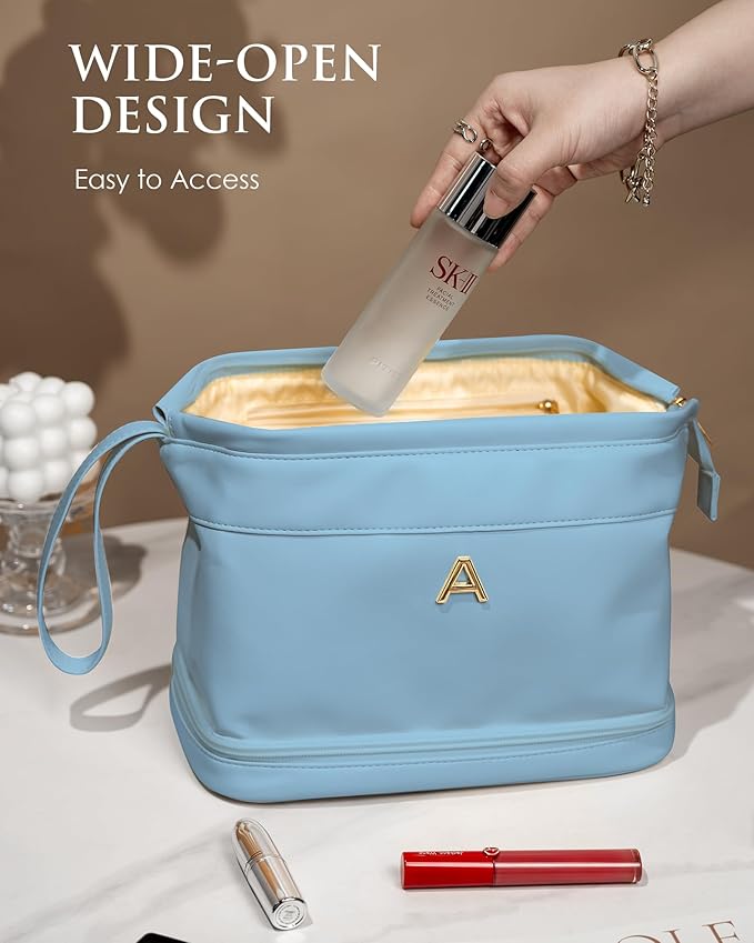 Bridesmaid Gifts for Women, Initial Makeup Bag, Personalized Double Layer Cosmetic Bag with Makeup Brush Organizer, Large Capacity PU Leather Travel Toiletry Bag, Personalized Teacher Gifts
