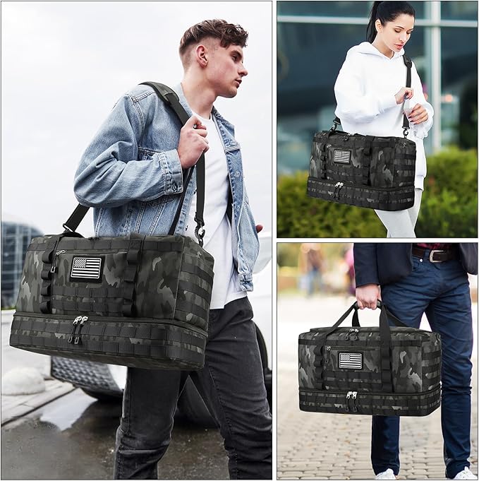 ETRONIK Travel Bag for Men Women, Gym Bag & Tactical Duffle Bags for Travel, Carry on with Toiletry Bag and Shoe Compartment, Weekender Overnight Trip with Wet Pocket for Workout Medical, Black Camo