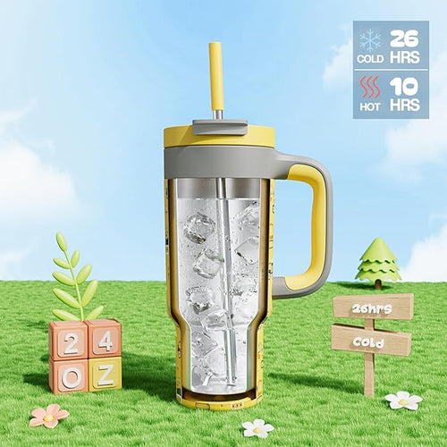 24 oz Stainless Steel Cup with Handle for Preschooler: BPA-Free, Lid with Straw, Easy to Clean, Car Cupholder Friendly, Insulated Tumbler for Playtime, Sports, Summer Camp, Vacation, Gift (Dig It Up)