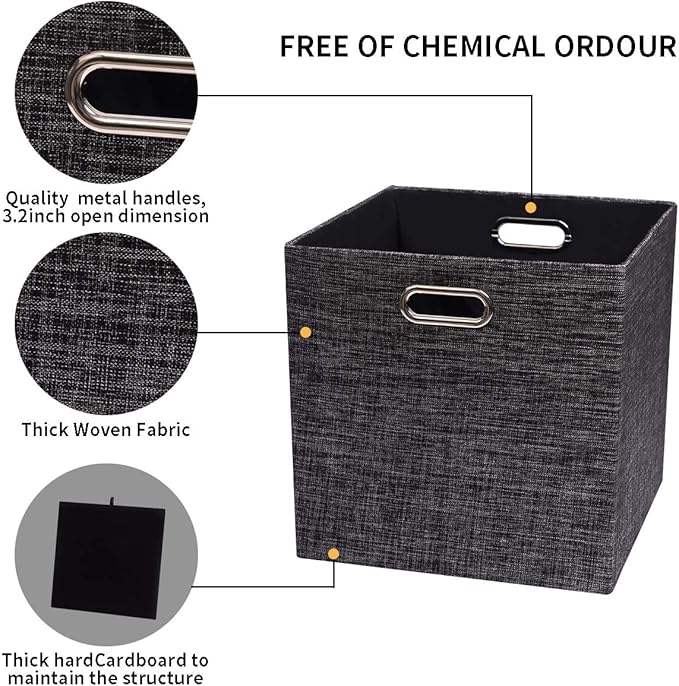 Posprica Collapsible Storage Cubes,11×11 Heavy Duty Fabric Stroage Basket Bins, 4pcs,Black