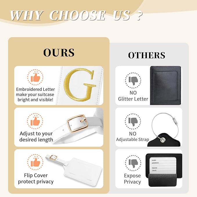Personalized Initial Luggage Tags for Suitcase TSA Approved, White Leather Cute Luggage Tag with Privacy Cover Name Card, Embroidered Custom Luggage Tags Travel Baggage Tags Gifts for Women Kids(G)
