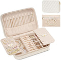 Lolalet Travel Jewelry Case for Women, Travel Jewelry Organizer Box with Mirror & Clear Storage Bag, Small Portable Traveling Earring Necklace Bracelet Ring Case, Bridesmaid Gifts -Medium, White