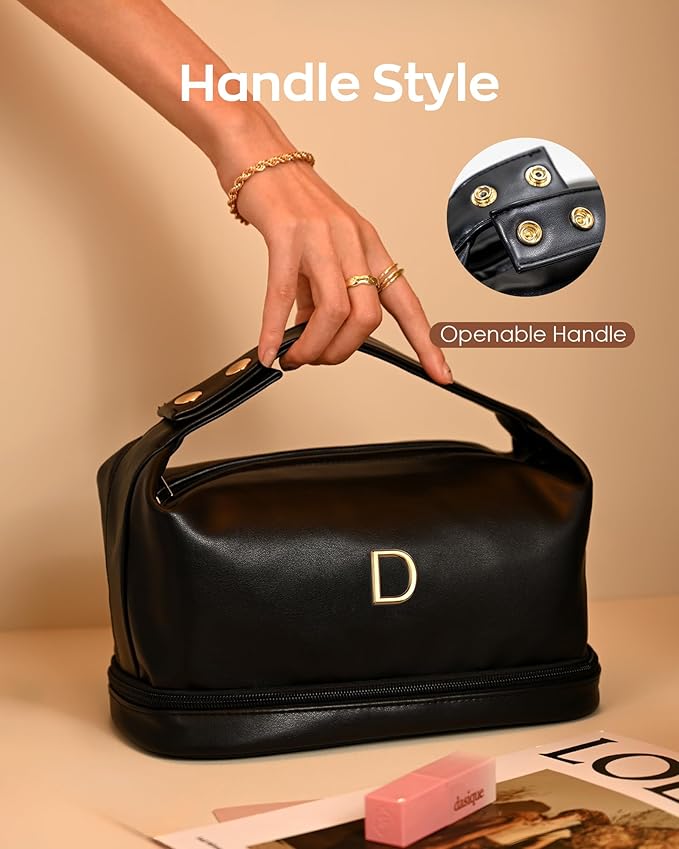 Initial Makeup Bag Personalized Bags with Handle, Gifts for Women In Their 20S Cosmetic Bag, Bridal Shower Gift for BrideMakeup Bags Letter Travel Toiletry Bag with Makeup Brush Organizer