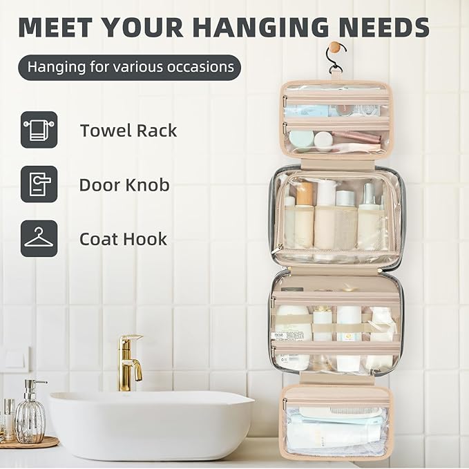 BAGAIL Hanging Toiletry Bag for Women Water-resistant Cosmetic Bag Large Capacity Travel Makeup Organizer for Full-Sized Travel Essentials(Standard, Grey)