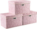 Prandom Larger Foldable Storage Boxes with Lid,Rose Pattern Fabric Decorative Storage Box,Cubes Organizers,Baskets with Handles,For Bedroom,Closet, Living Room,Pink,45x30x30cm[3-Pack]