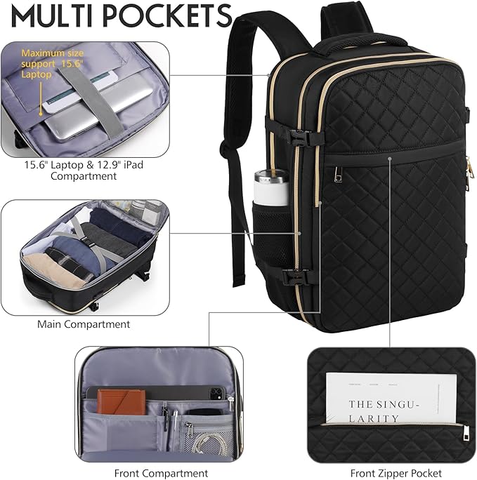 MOMUVO Travel Backpack for Women, Carry On Backpack Airline Approved with 3 Packing Cubes, 15.6 Inch Laptop Backpack with USB Charging Port, Casual Daypack for Weekender Business College, Black