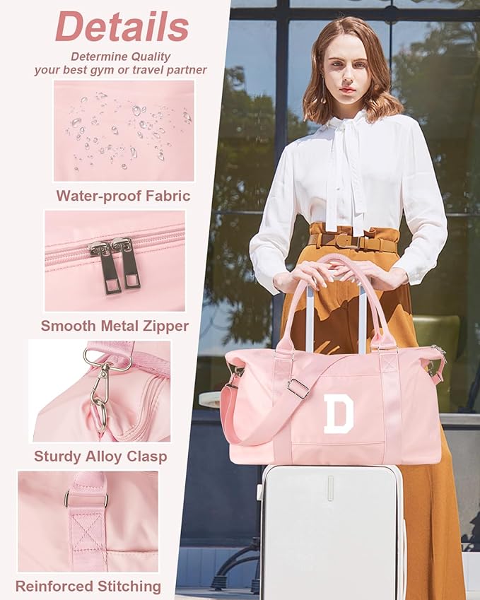 Initial Travel Duffel Bag Sports Gym Bag for Girls Teen Birthday Gifts,Pink Personalized Weekender Bag Carry On Tote Bags for Women Men,Waterproof Overnight Luggage Bag with Trolley Sleeve(Letter D)