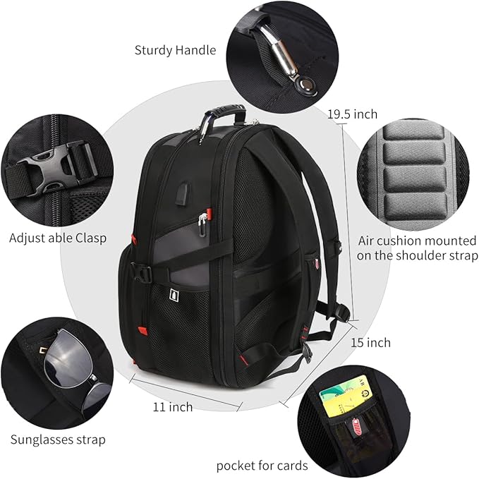 SHRRADOO Extra Large 50L Travel Laptop Backpack with USB Charging Port, College High School Backpack Airline Approved Business Work Bag Fits 17 Inch Computer for Men Women