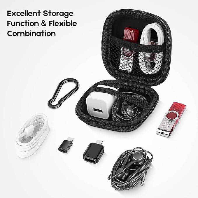 Earbud Case Hard EVA Earphone Carrying Case Cell Phone Accessories Storage Bag with Carabiner for Airpods Headset Earphone Flash Drive Charging Cable Key Wall Charger USB Adapter Cable (Black 1Pack)