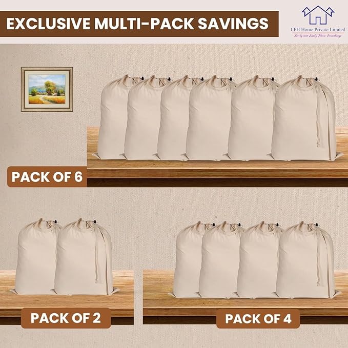 LFH Home Large Premium 100% Cotton Canvas Laundry Bag with Drawstring and Handles Heavy Duty, Multi-Use, and Washable for Home, Travel, College or Storage 28x36 (Pack of 6)-Natural