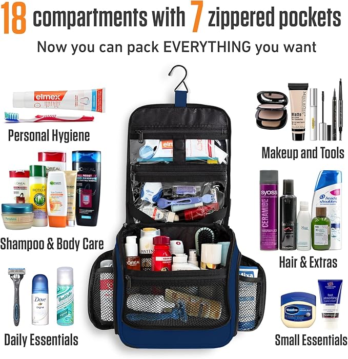 VENTURE 4TH Hanging Travel Toiletry Bag for Women & Men - Travel Organizer with Expandable Compartments & Removable Clear Pouch for Toiletries (Navy Blue)