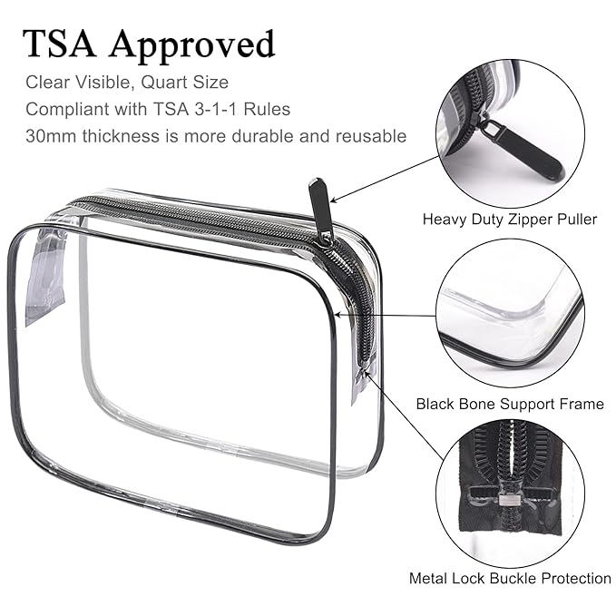 Lermende 2pcs Clear Toiletry Bag TSA Approved Travel Bag,Carry On for Travel,Airport Airline Accessories Compliant Bag,Quart Sized Makeup Cosmetic bag Women Men (Transparent Black, 2 Pack)