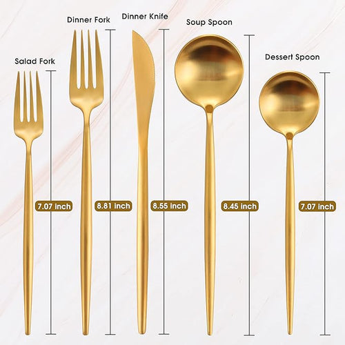 60-Piece Stainless Steel Flatware Set - Matte Gold, Dishwasher Safe, Includes Knives, Spoons, Forks, Satin Finish