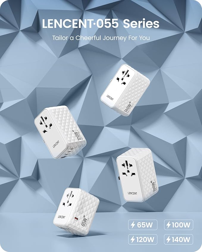 LENCENT 120W International Travel Adapter, Universal Travel Adapter with 1 QC USB-A & 3 PD3.0 Type C Power Adapter, Fast Charging for Phone,Laptops, All-in-One Outlet Adapter for USA/UK/EU/AUS, White