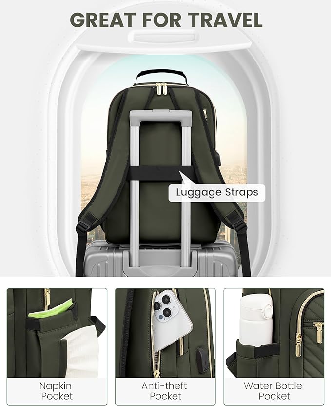 LOVEVOOK Laptop Backpack Purse for Women, Work Business Travel Computer Bags, College Nurse Backpack for Womens, Quilted Casual Daypack with USB Port, Fit 15.6 Inch Laptop, Army Green
