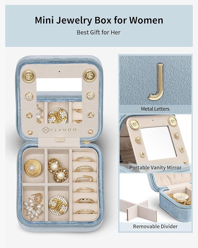 Vlando Birthday Gifts for Women Friendship, Personalized Initial Jewelry Box, Friendship Gifts for Women Friends, Travel Essentials Small Jewelry Box, Travel Box for Girls - Letter J, Blue