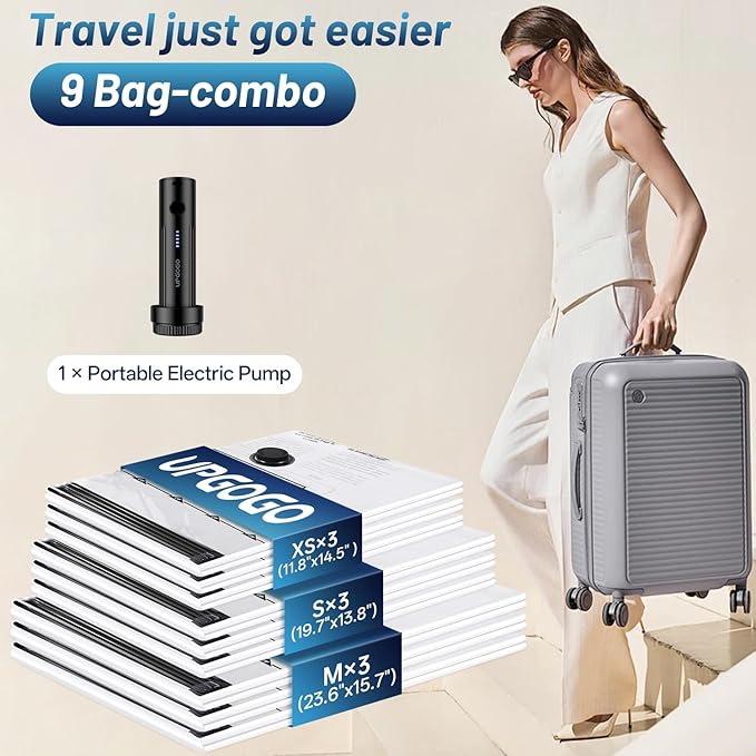 Travel Vacuum Bags for Luggage with Portable Electric Pump,Vacuum Seal Bags for Clothing,Packing Cubes Compression,Cruise Ship and Travel Essentials(Combo 9 Pack)