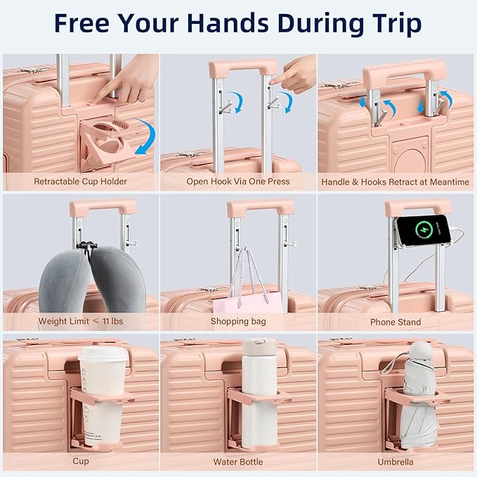 Hard Shell Suitcases Expandable Luggage 28 Inch, Large Checked Luggage Check In Travel Luggage with Spinner Wheels Cup Holder Charger Built in Lightweight Suitcase, Pink