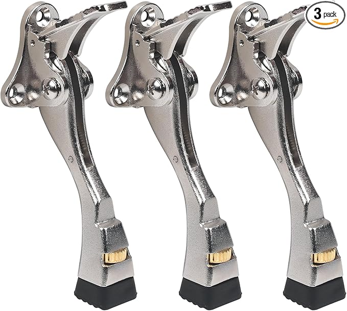 3 Packs Heavy Duty Kickdown Door Stopper, One Touch Adjustable Kickdown Door Stop for Heavy Doors, 4 in Metal Door Kickstand with Rubber Tip & Wall Protectors for Wide Doors