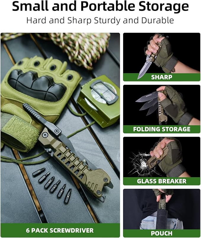 Multitool Knife, 17 in 1 Pocket Knife with Screwdriver, Fire Starter Sticks, Bottle Opener, Saw, Whistle, Nylon Sheath, EDC Gear for Survival, Camping, Hiking, Outdoor, Gifts for Dad - Desert Gray