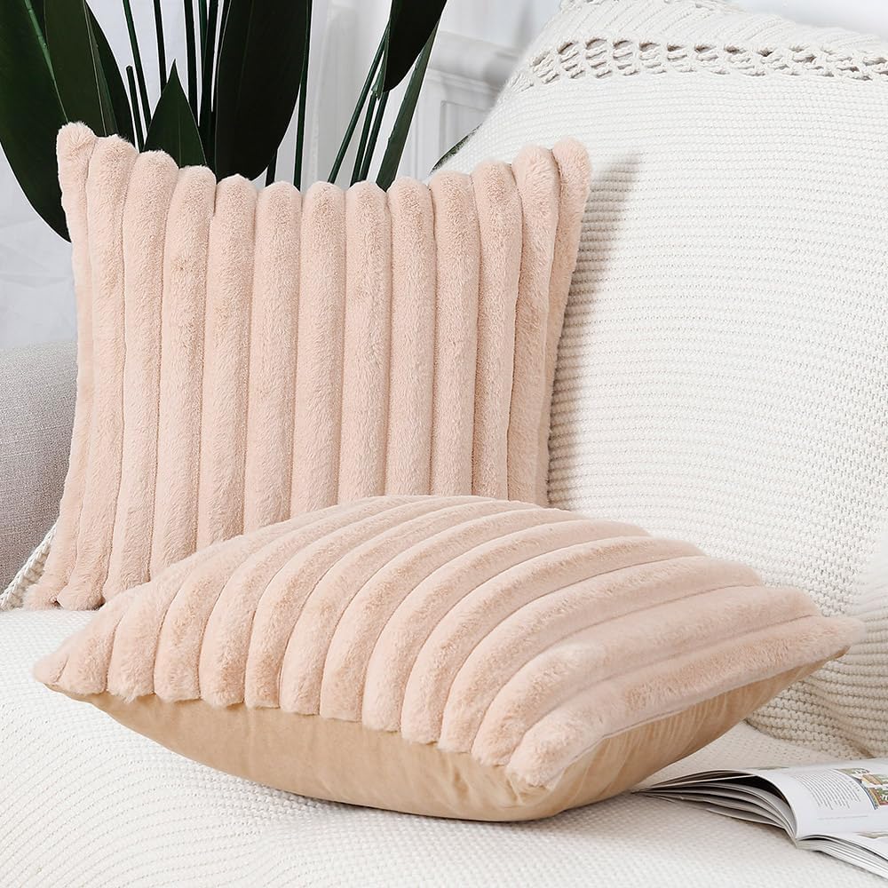 MADIZZ Set of 2 Faux Wool Plush Decorative Throw Pillow Covers 22x22 Inch Light Brown Fluffy Striped Soft Decorative Cushion Cover for Sofa Bedroom Pillow Shell