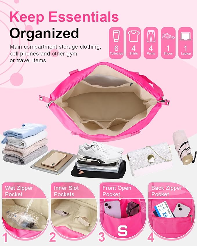 Overnight Bag for Kids Teen Girls Weekender Dance Bag Birthday Graduation Gifts,Initial Travel Duffel Bag Sports Gym Bag Personalized Weekender Bag Carry On Bags Preppy Gifts for Women(Hot Pink, S)