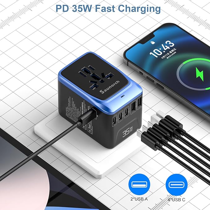 Universal Travel Adapter, PD 35W 7 in 1 International Power Plug Adapter with 7.0A 4 USB-C and 2 USB-A Fast Wall Charger, Worldwide AC Outlet for US Europe UK AUS (Black+Blue)