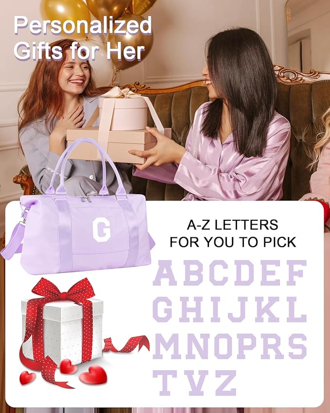 Daughter Niece Gifts for Teen Girl Kids, Initial Travel Duffel Bag Sports Gym Bag Personalized Gifts Weekender Bag，Monogram Overnight Bag Cute Dance Bag Birthday Bridesmaid Gifts for Women(Purple, G)