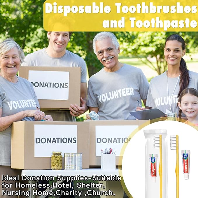 HOFASON Disposable Toothbrushes With Toothpaste Pack of 10, Yellow Hollow Travel Set Individually Wrapped for Homeless, Nursing Home, Shelter, Hotel